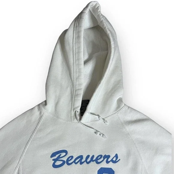 Roots Canada Athletics Women's White & Blue Flocked Graphic Beavers Hoodie Sz S - Picture 4 of 13